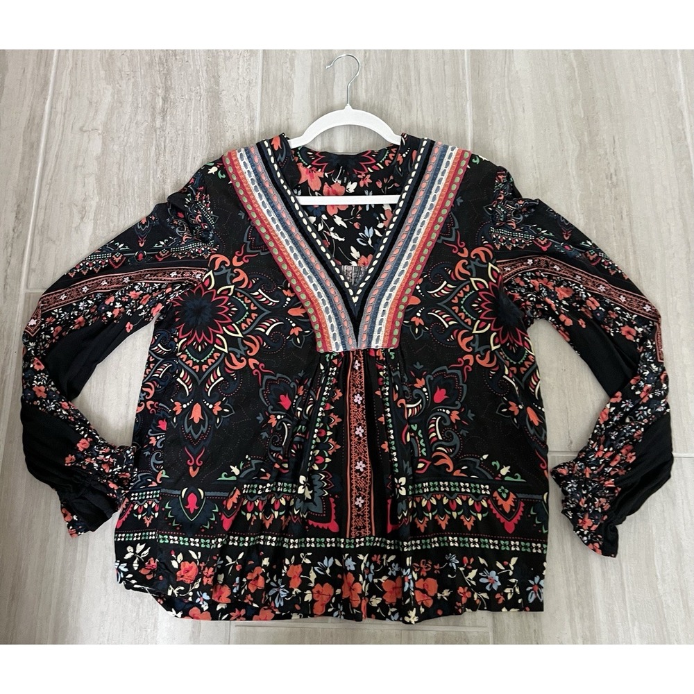 Bl-nk Anthropology Top Stephanie Boho Peasant Floral V Embroidered Size L